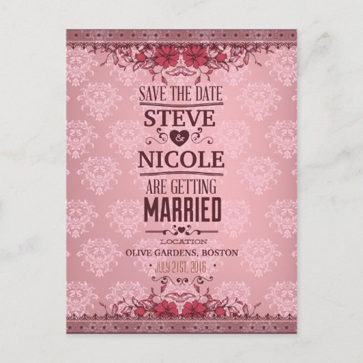 ヴィンテージダマスクフローラ結婚式の日付を保存 案内ポストカード (正面)
