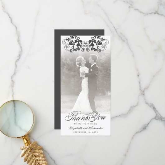 ヴィンテージダマスクブラックフローラフローリッシュフォト結婚ズ サンキューカード (正面/裏面インサイチュ)