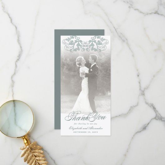 ヴィンテージダマスクブルーフローラフローリッシュフォト結婚ズ サンキューカード (正面/裏面インサイチュ)