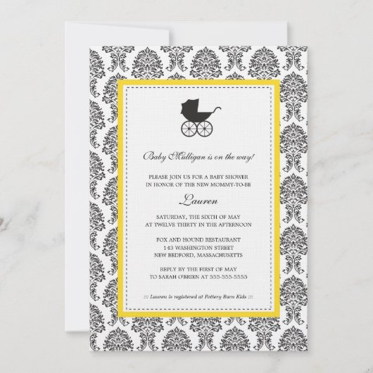 ヴィンテージダマスクベビーキャリッジベビーシャワー 招待状 (正面)