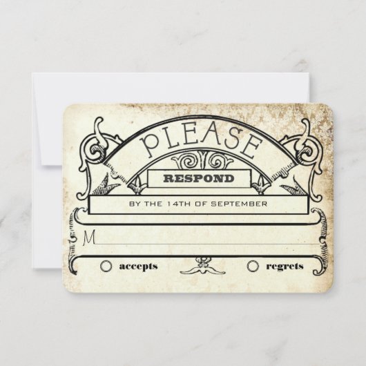 ヴィンテージダマスクモダンタイポグラフィウェディングRSVP 出欠カード (正面)