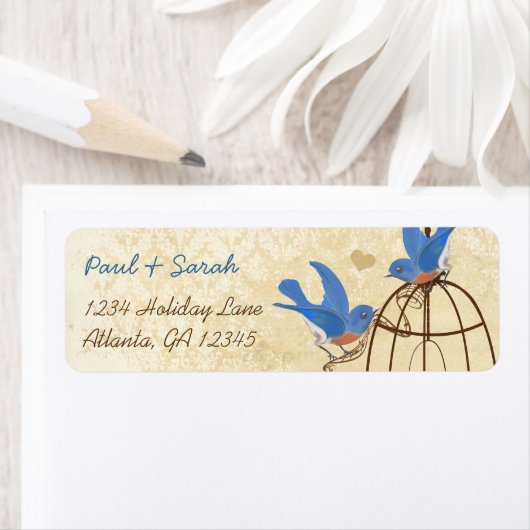 ヴィンテージダマスクラッキーブルーバードブラウン鳥かご ラベル (インサイチュ)