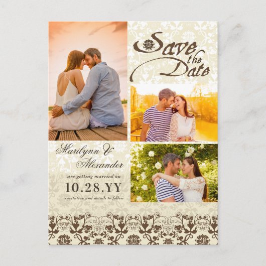 ヴィンテージダマスクレースコーヒーフォト日付を保存 案内ポストカード (正面)