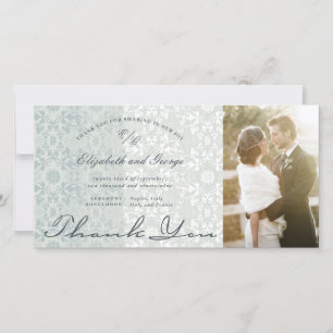 ヴィンテージダマスクレースシックパウダーブルーフォトズ結婚ーズ サンキューカード