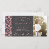 ヴィンテージダマスクレースピンク&ブラックフォト結婚ズ サンキューカード (正面)