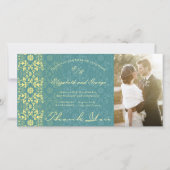 ヴィンテージダマスクレースピーコックブルーフォト結婚ズ サンキューカード