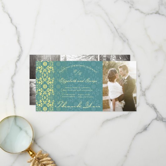 ヴィンテージダマスクレースピーコックブルーフォト結婚ズ サンキューカード