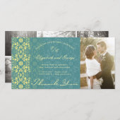 ヴィンテージダマスクレースピーコックブルーフォト結婚ズ サンキューカード (正面/裏面)