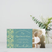 ヴィンテージダマスクレースピーコックブルーフォト結婚ズ サンキューカード