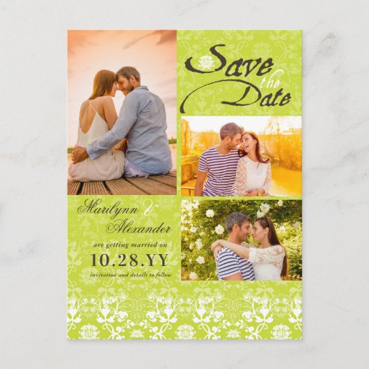 ヴィンテージダマスクレースライムグリーン写真保存日 案内ポストカード (正面)