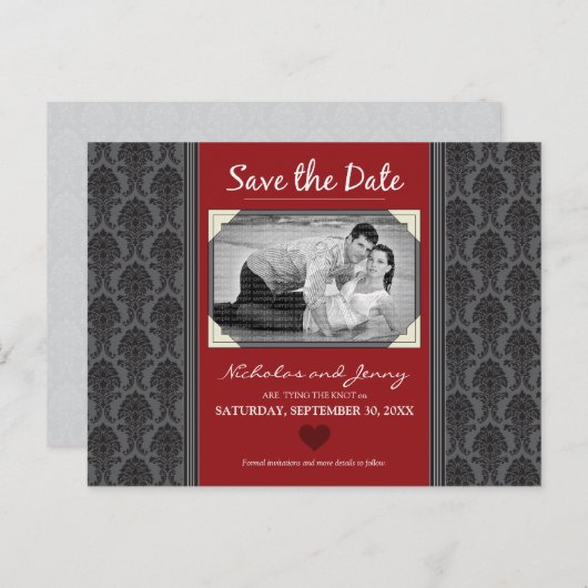 ヴィンテージダマスク写真クランベリー日付を保存 案内ポストカード (正面/裏面)