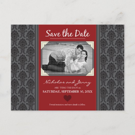 ヴィンテージダマスク写真クランベリー日付を保存 案内ポストカード (正面)