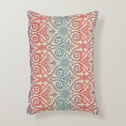 ヴィンテージダマスク壁紙 – ブルーバイオレットレッド アクセントクッション (正面(垂直))