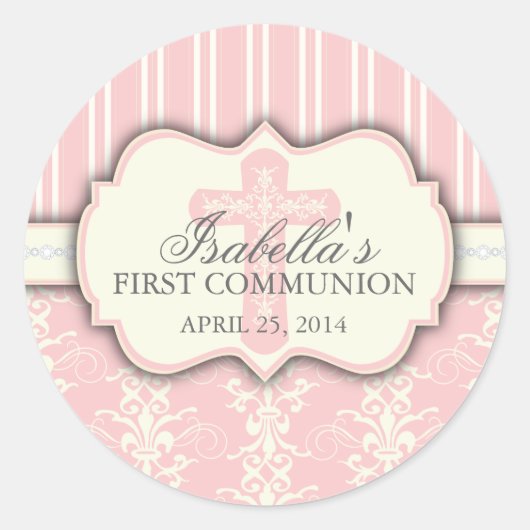 ヴィンテージダマスク第1コミュニオンステッカー ラウンドシール (正面)