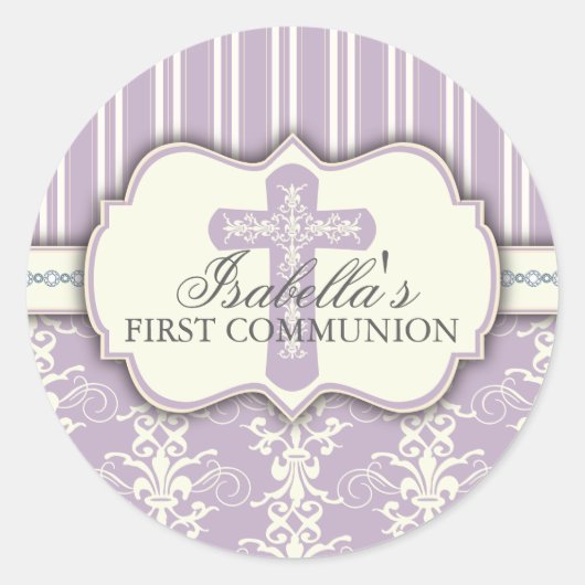 ヴィンテージダマスク第1コミュニオンステッカー |紫 ラウンドシール (正面)