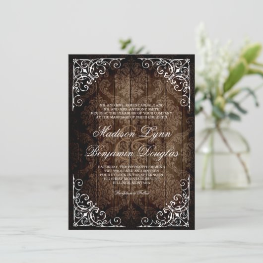 ヴィンテージダマスク素朴カントリーウェディング招待状 招待状 (スタンド正面)