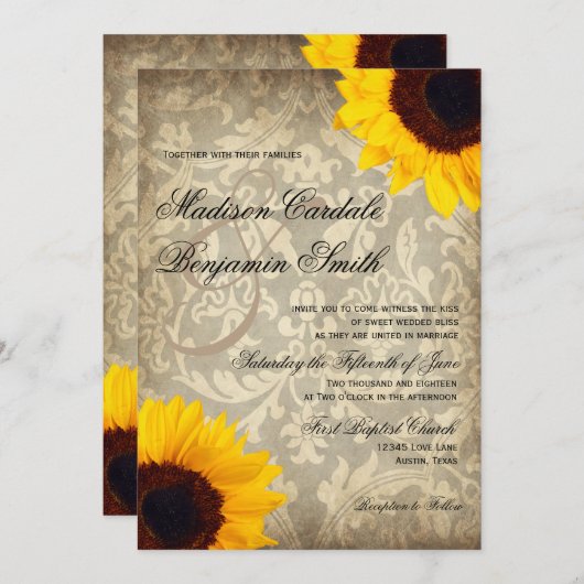 ヴィンテージダマスク素朴ヒマワリ結婚式招待状 招待状 (正面/裏面)
