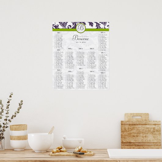 ヴィンテージダマスク紫と緑のシーティングチャート ポスター (キッチン)