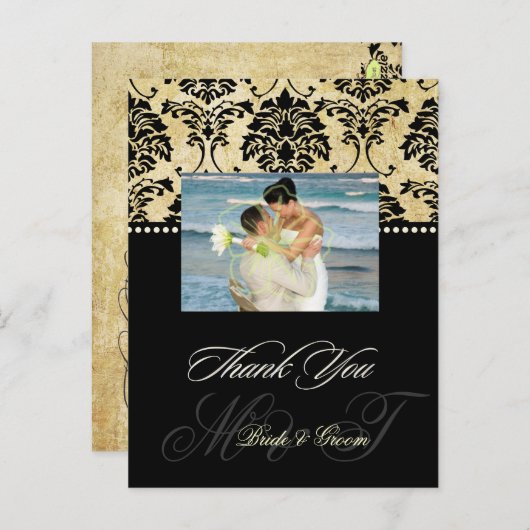 ヴィンテージダマスク結婚式ありがとうフォトポストカード， ポストカード (正面/裏面)