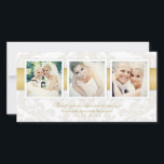 ヴィンテージダマスク結婚金ゴールドの写真コラージュ サンキューカード<br><div class="desc">そしてエレガントスタイリッシュ数々の結婚のサンキューカードデザインテンプレートは、特別な日から3つのポートレート、ニュートラルで栄えたダマスクレースの背景を持つカスタム文字を備えている。中性デザインの色には、白、アイボリーベージュ、金ゴールドが含まれる。*写真のヒント：サイトにアップロードする前に、写真を正方形の形状に切り取る。その方法は、あなたが自分のアップロードするためにデフォルトの宇宙を「変更」する場合に完全に写真を埋める。</div>