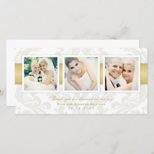 ヴィンテージダマスク結婚金ゴールドの写真コラージュ サンキューカード (正面/裏面)