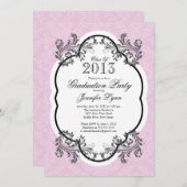 ヴィンテージダマススタイリッシュクピンク卒業パーティー 招待状 (正面/裏面)