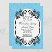 ヴィンテージダマススタイリッシュク·ブルー卒業パーティー 招待状 (正面/裏面)
