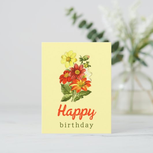 ヴィンテージダリアフローライエローオレンジ誕生日 ポストカード (スタンド正面)