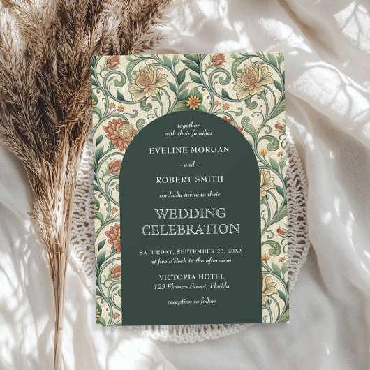 ヴィンテージダークグリーンテラコッタフローラアールヌーボー 招待状