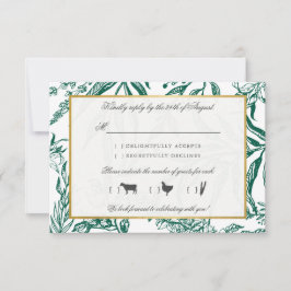 ヴィンテージダークグリーン金ゴールド結婚植物学 出欠カード