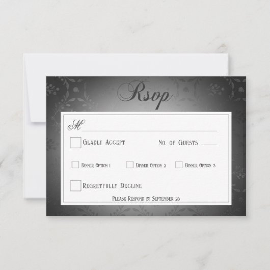 ヴィンテージダークゴシックの黒いダマスクウェディングディナー 出欠カード (正面)