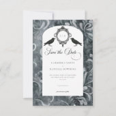 ヴィンテージダークゴシックグレー&ブラックダマスク&ラヴェンス セーブザデート (正面)