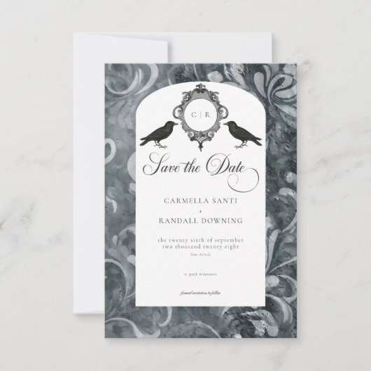 ヴィンテージダークゴシックグレー&ブラックダマスク&ラヴェンス セーブザデート (正面)