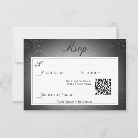 ヴィンテージダークゴシック黒ダマスクウェディングQRコード 出欠カード (正面)