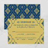 ヴィンテージダークネイビーと金ゴールドアールデコ結婚ズ 出欠カード (正面/裏面)