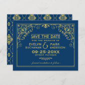 ヴィンテージダークネイビーブルーと金ゴールドアールデコ結婚ズ セーブザデート (正面/裏面)