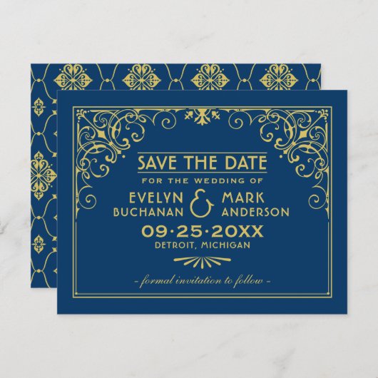 ヴィンテージダークネイビーブルーと金ゴールドアールデコ結婚ズ セーブザデート (正面/裏面)