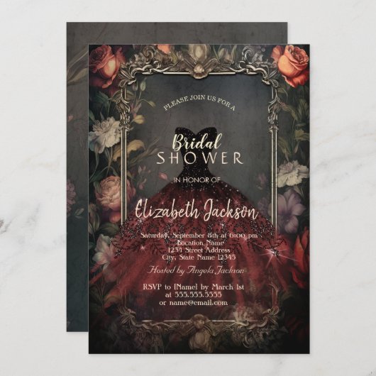 ヴィンテージダークバラドレスゴシックブライダルシャワー 招待状 (正面/裏面)