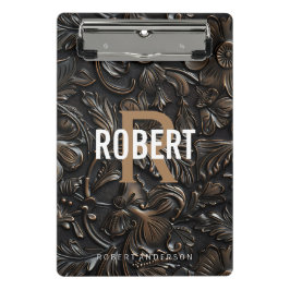 ヴィンテージダークブラウン工具革モノグラム名 ミニクリップボード