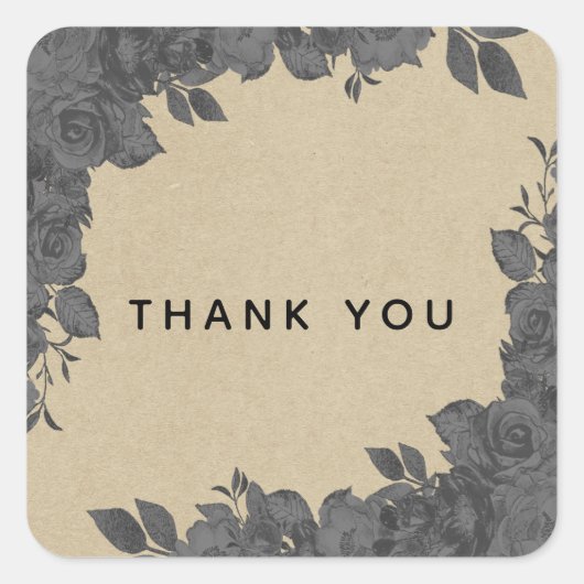 ヴィンテージダークブラックフローラバラ&クラフト結婚ズ スクエアシール (正面)