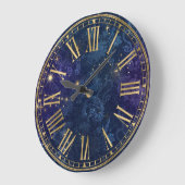 ヴィンテージダークブルーのパターンと金ゴールドのきらめき ラージ壁時計 (傾斜)