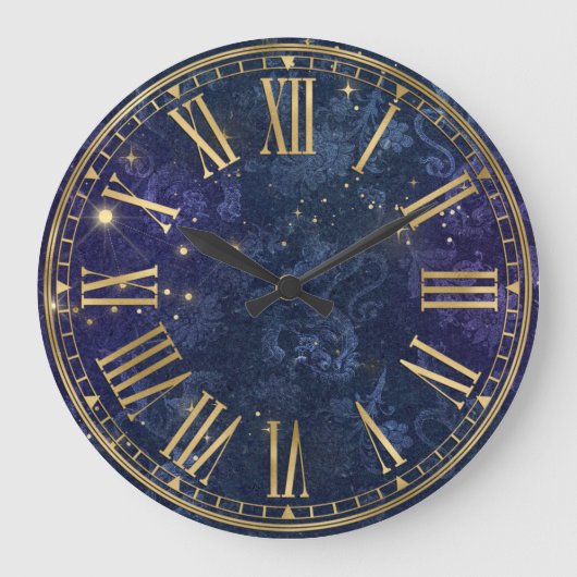 ヴィンテージダークブルーのパターンと金ゴールドのきらめき ラージ壁時計 (正面)