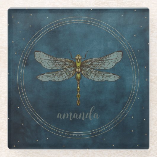ヴィンテージダークブルー天神秘ドラゴンフライ ガラスコースター (正面)