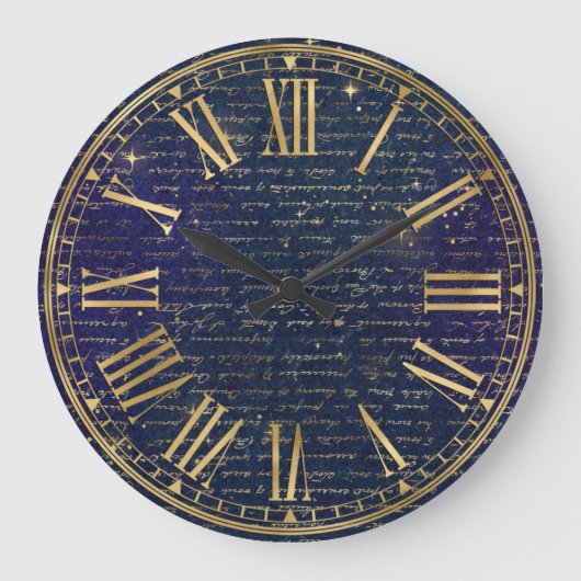 ヴィンテージダークブルー手書き&金ゴールドの輝き ラージ壁時計 (正面)