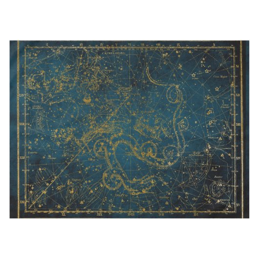 ヴィンテージダ図解入りの、写真付きのークブルー&金ゴールドスターマップ テーブルクロス (正面(横))