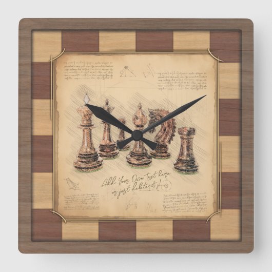 ヴィンテージチェス盤とチェスの駒，プレイヤーのギフト スクエア壁時計 (正面)