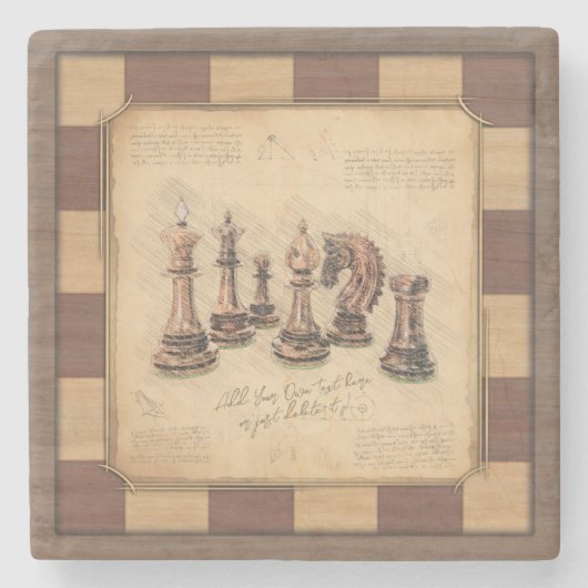 ヴィンテージチェス盤とチェスの駒，プレイヤーのギフト ストーンコースター (正面)