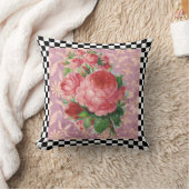 ヴィンテージチェッカーボードとピンクローズ クッション (ブランケット)