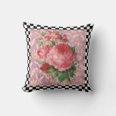 ヴィンテージチェッカーボードとピンクローズ クッション (正面)