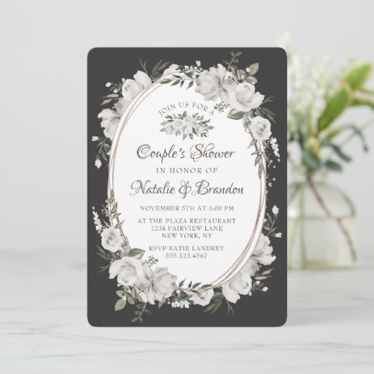 ヴィンテージチェリッシュオーバルフレームカップルのウェディングシャワー 招待状 (スタンド正面)